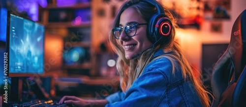 Influencer young woman enjoys live streaming while discussing video games.