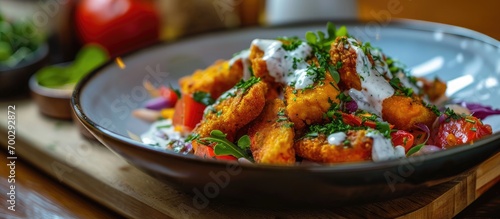 Fried vegetable mucver with white sauce, a vegetarian dish. photo