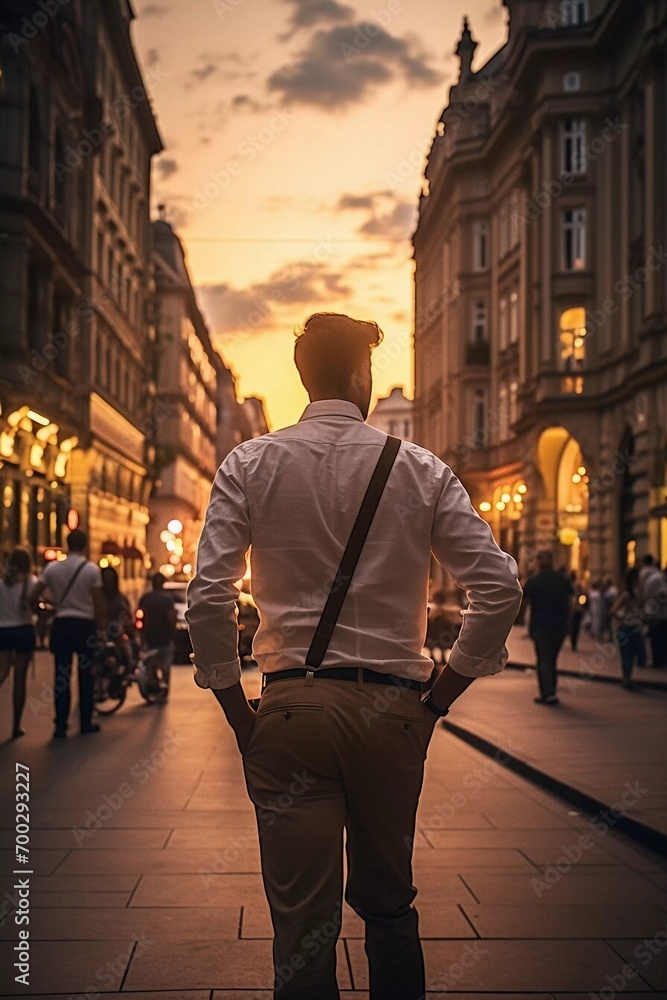 A men photographer staying on the city street, back view. Traveler and adventurer
