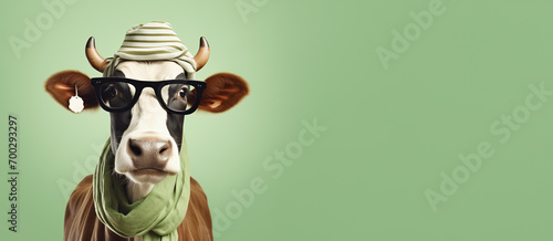 A cool looking cow portrait wearing funky hat, hipster glasses and stylish outfit Humanoid animal posing as a model, isolated on pastel green background. Banner design with copyspace