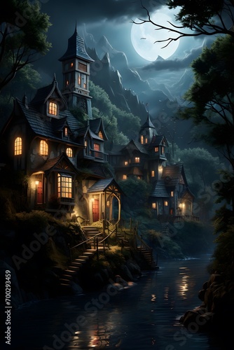 Scary haunted house in the forest at night. Halloween background.