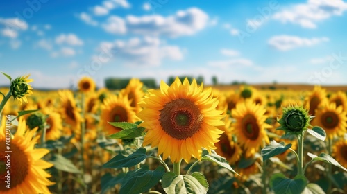 Beautiful summer day over sunflower field  clear blue sky