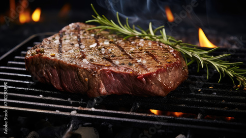 Entrecote Beef Steak On Grill With Rosemary Pepper And Salt 