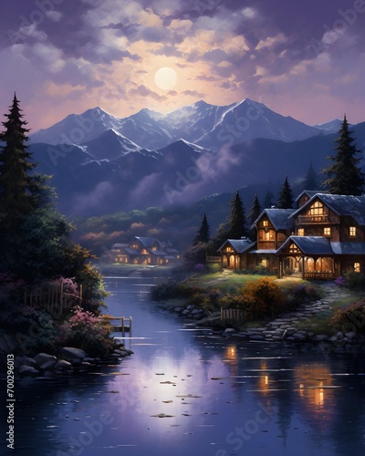 Beautiful wooden houses on the shore of a mountain lake in the evening