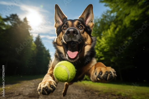Portrait of a German Shepherd jumping for a ball in the park