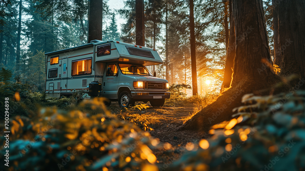 Camping in the woods, campfire, motor home. Active recreation concept Camping in the woods, campfire, motor home. Active recreation concept
