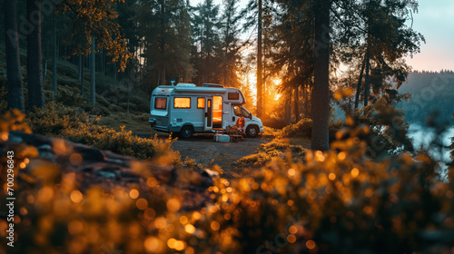Camping in the woods, campfire, motor home. Active recreation concept