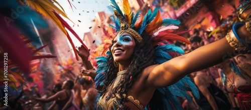 Holy festival. Happy, smiling, young African woman in colorful makeup and stylish bright costume during traditional carnival