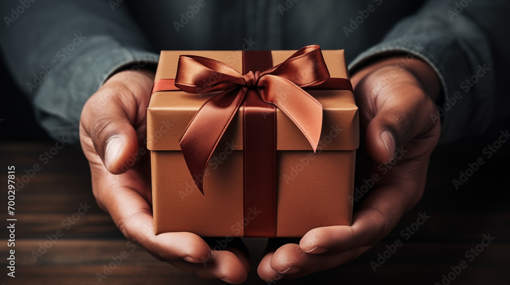 Female hands hold a simple gifts over knit background. Female hands giving Christmas gift with golden bow. 