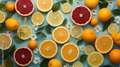 Summer background with lemon fruits  orange  blueberries and mint leaves. Composition with assorted fruits. 