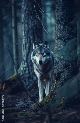 Timber Watcher: Lone Wolf in the Hushed Woods © HNXS Digital Art