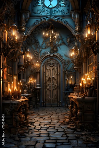 3D rendering of a fantasy medieval castle interior with doors and windows