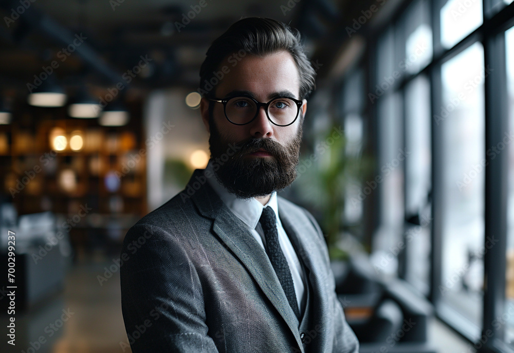 Stylish bearded man in a suit standing in modern office Stylish bearded man in a suit standing in modern office