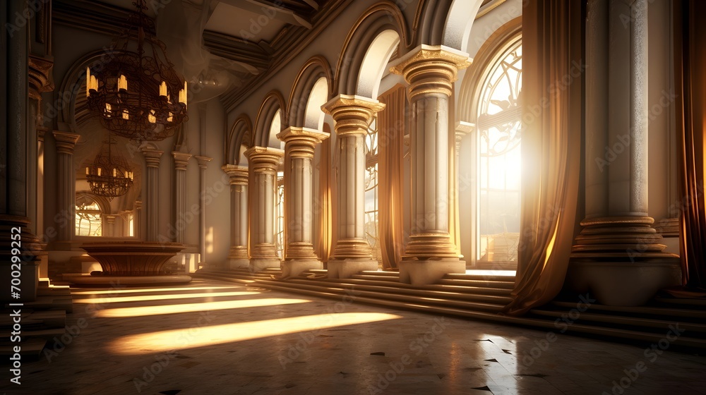 Luxury gothic church interior with columns and columns. 3d rendering