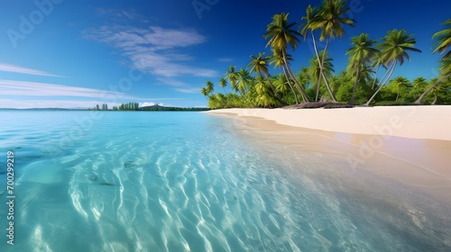 Panorama of a beautiful tropical beach with palm trees and blue sky