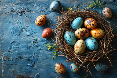 Top view. Straw bird nest with colorful chicken eggs on textured blue background. Farm products in rustic kitchen. Happy Easter card. Concept of preparing for religious holiday, healthy food, religion photo