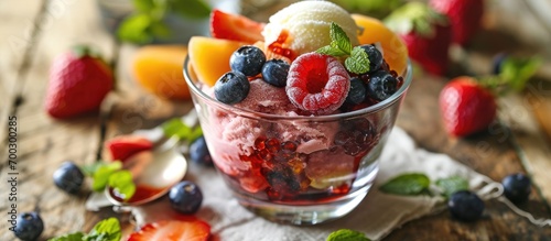 Fruit and jelly added to ice cream cup.