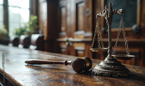 Symbol of justice: Wooden gavel and scales in the courtroom, representing legal authority and judgement photo