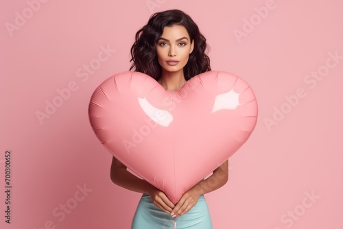 Model in fashionable colorful clothes, holding gigantic heart infront of her, perfect for valentine's day card © Serge's AI Art