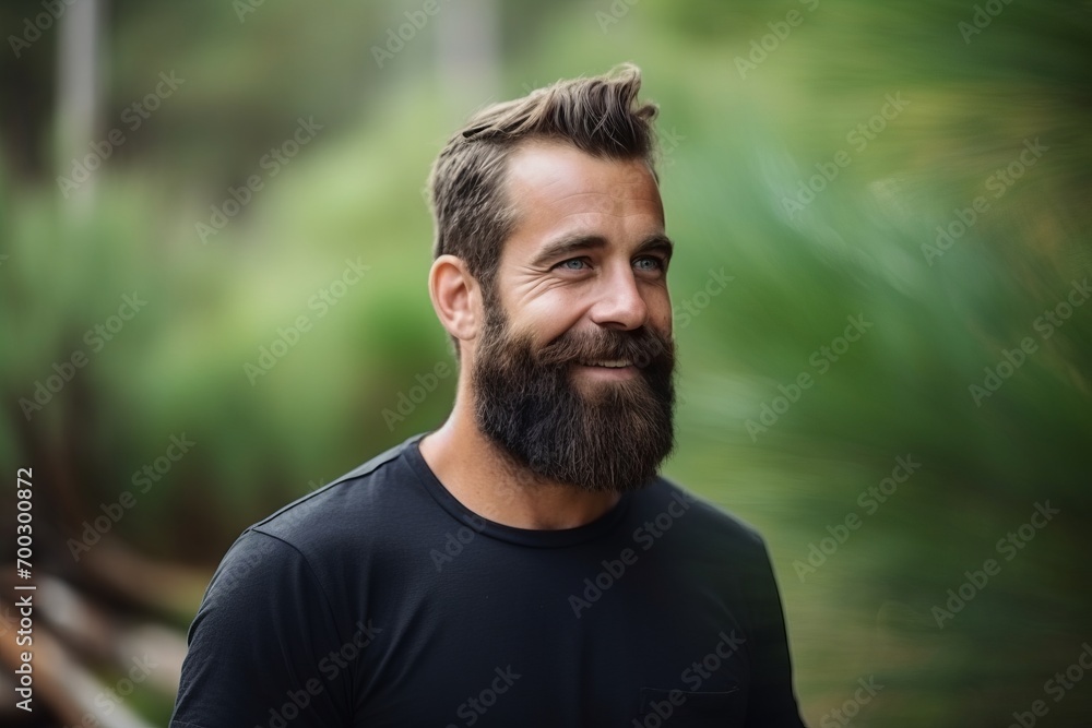 Portrait of a handsome man with beard and mustache in the park Portrait of a handsome man with beard and mustache in the park