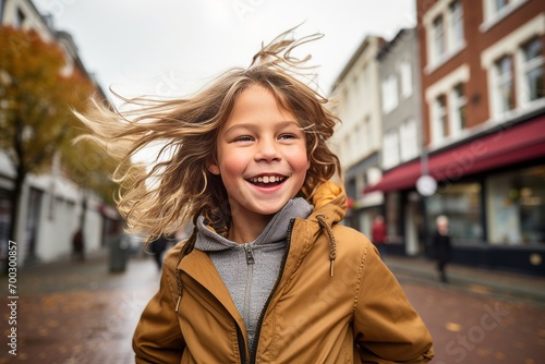 Portrait of a smiling little girl with flying hair on the street