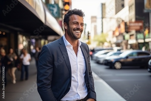 Wallpaper Mural Portrait of a handsome Hispanic businessman smiling while walking in a city Torontodigital.ca