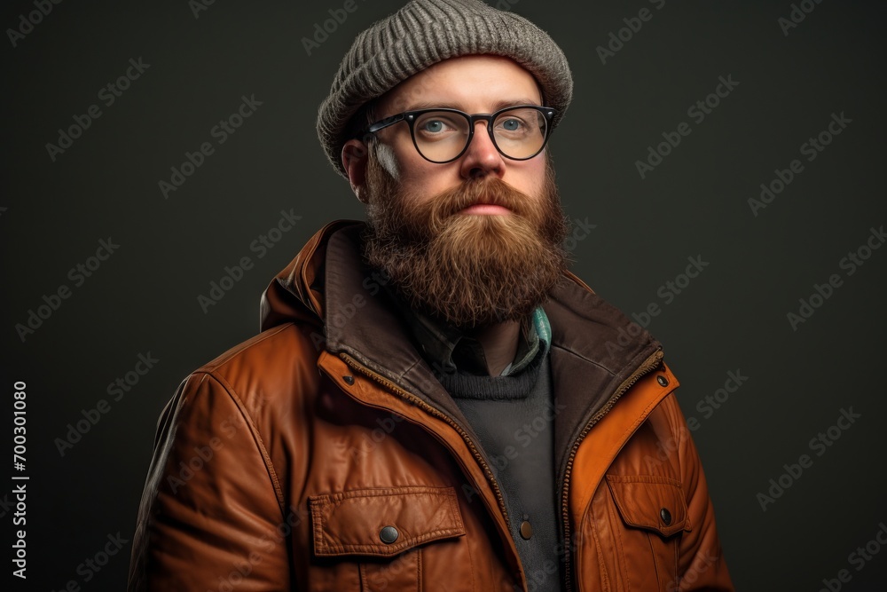 Studio portrait of a hipster with a long beard and a mustache wearing a brown leather jacket and hat. Studio portrait of a hipster with a long beard and a mustache wearing a brown leather jacket and hat.