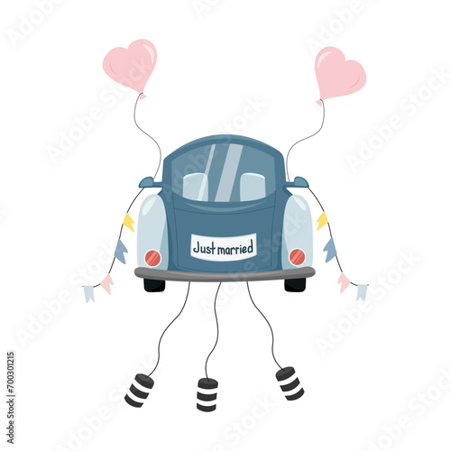 Newlyweds car with balloons, flags and cans.