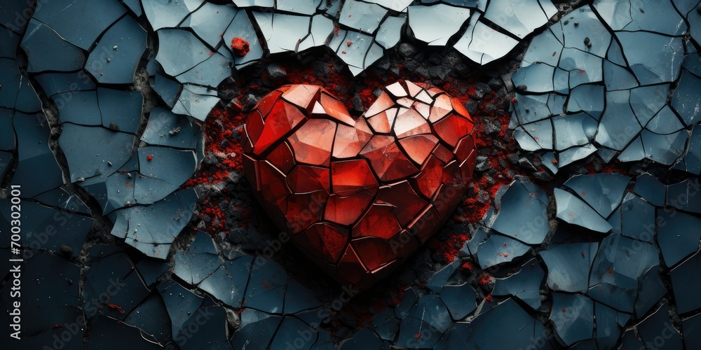 top view of a broken heart placed on a textured background. The heart, fractured into pieces,  - obrazy, fototapety, plakaty 