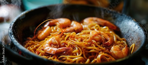 Cooked shrimp noodles in pot