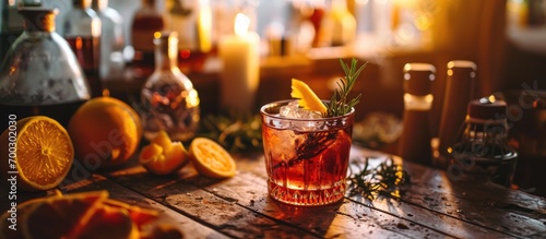 Vintage aesthetic: Table with gin tonic, Negroni cocktail, charred orange, lemon slice, blooming rosemary. photo