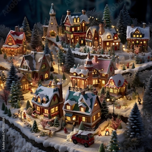 Christmas and New Year miniature village with houses, trees and snow.