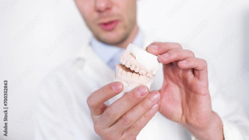Dental technician looking at plaster cast of jaws while making denture