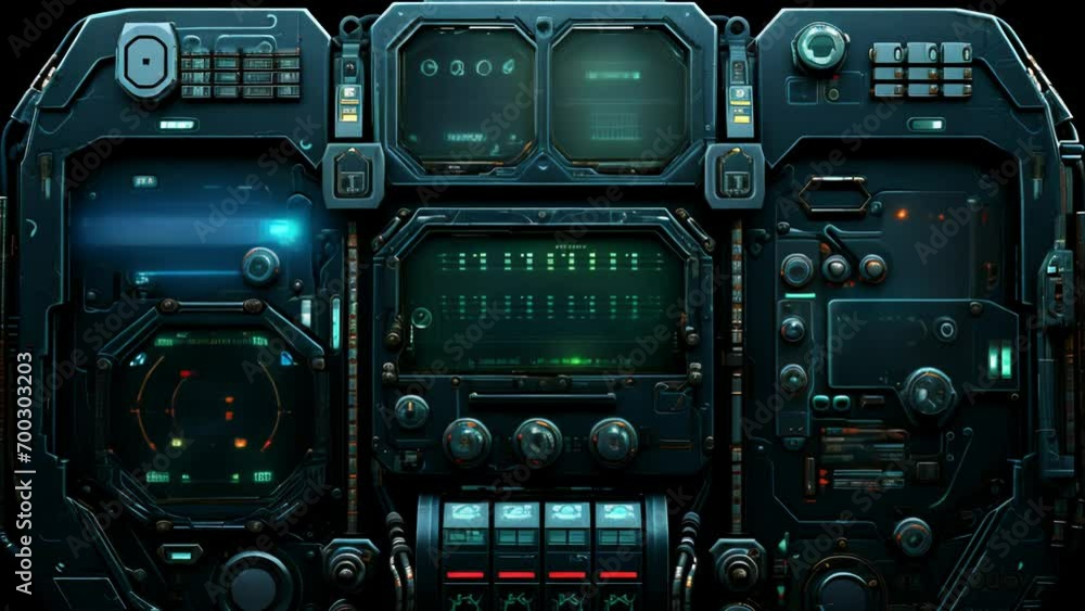 Cyberpunk interface animation with glowing leds and buttons and changing screens