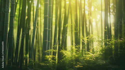 Bamboo forest in the morning light. Panoramic view.