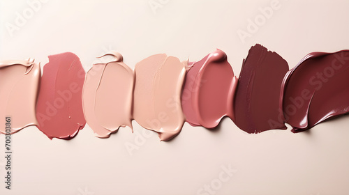 Smears of nude lipsticks on a beige background