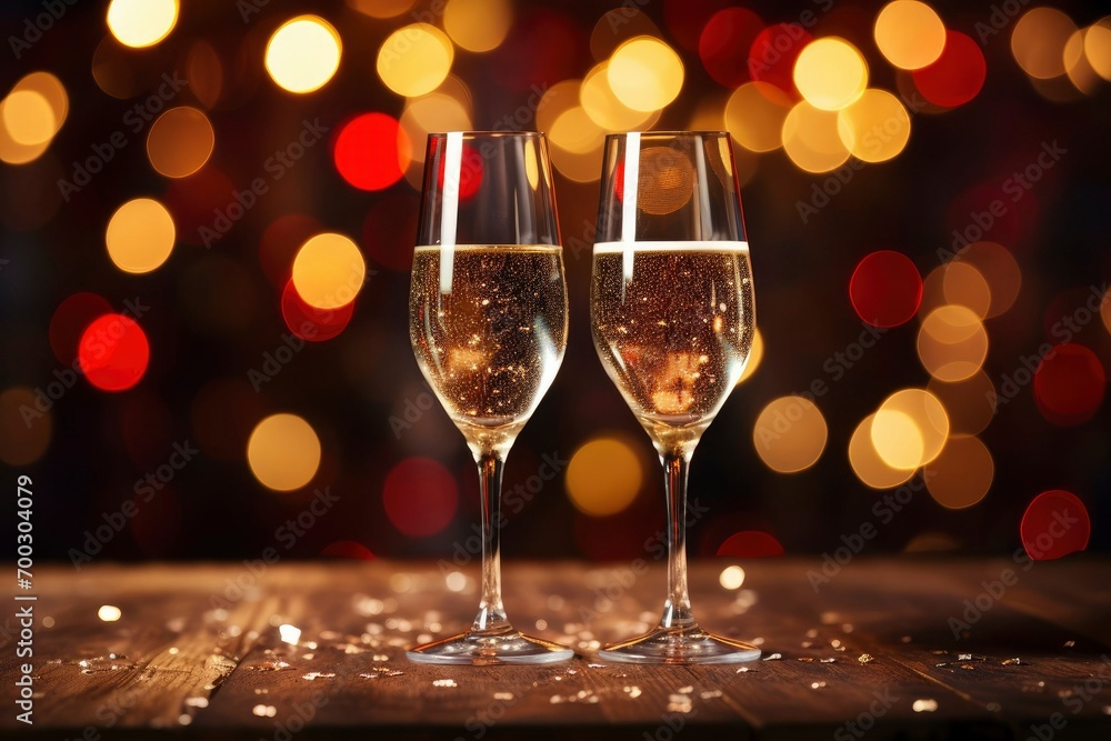 two glasses of champagne against bokeh background with text area two glasses of champagne against bokeh background with text area