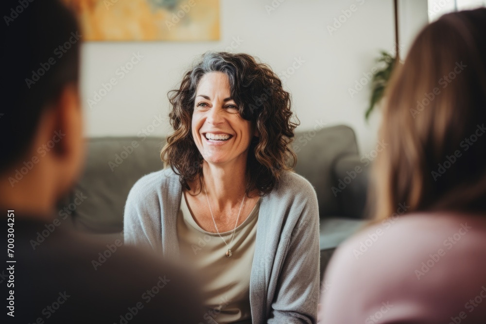 Fototapeta premium Middle aged female therapist doing group therapy at home