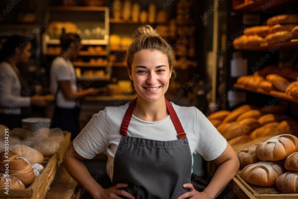 Smiling portrait of young woman working in bakery