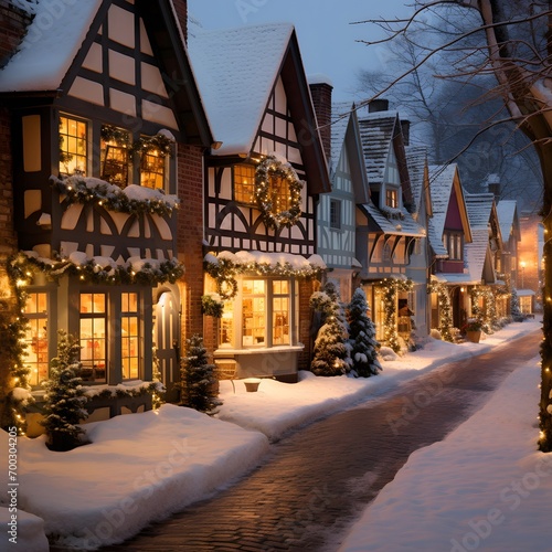 Christmas decorations in the shape of houses in a snow-covered street