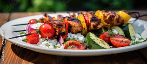 Grilled kebabs with Greek chicken, tzatziki, and fresh veggies.