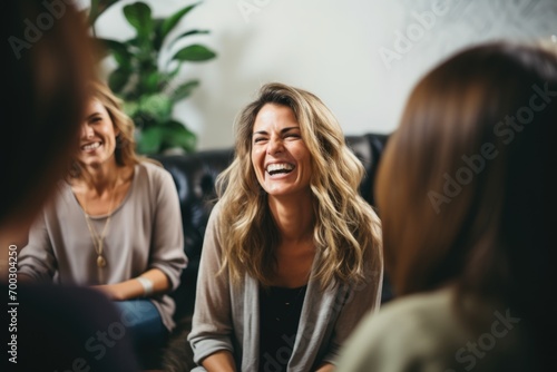 Middle aged female therapist doing group therapy at home photo