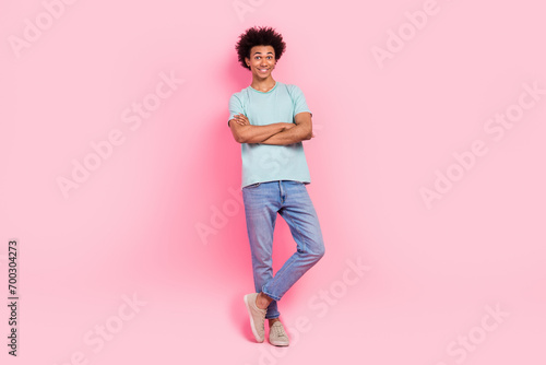 Full body photo of attractive young man folded arms confident posing wear trendy blue clothes isolated on pink color background