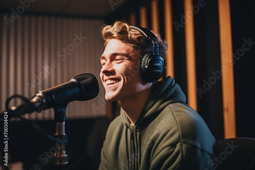 Smiling young man talking on podcast in studio