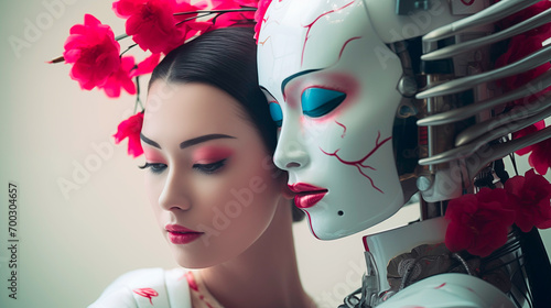 White clean futuristic robot with make-up and Japanese woman in tight embrace - concept of friendship, familiarity and intimacy between humans and artificial intelligence