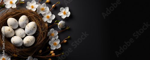 Happy easter holiday background. Painted eggs and white spring flowers top view, black gackground. Festive banner with space for text.