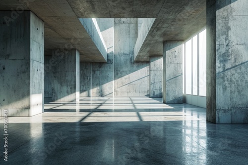 Abstract Futuristic Empty Room with Concrete Walls and Big Window