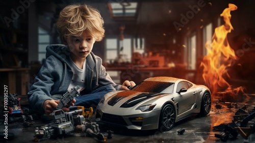Boy with remote-controlled sports car toy and joystick. © Ahtesham