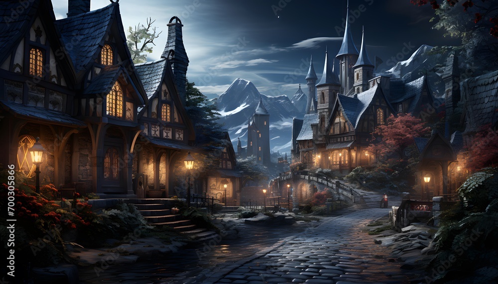 Fairytale village at night. Christmas and New Year background.