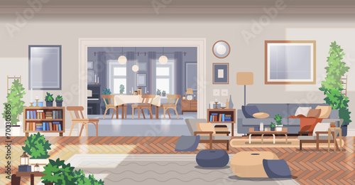 Spacious home recreation room with furniture and decor. Modern interior banner illustration